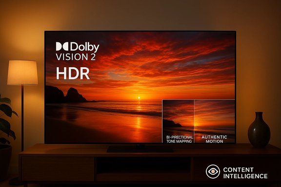 A cozy living room features a large HDR TV displaying a dramatic sunset beach scene.