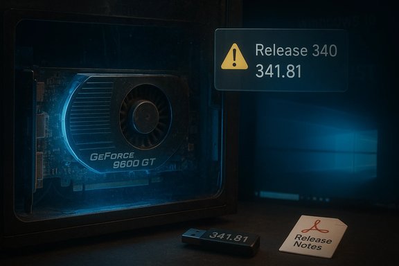 GeForce 9600 GT GPU glows blue inside a dark cabinet, beside Release 340/341.81 notes.