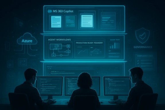 Three people code at monitors in a neon-blue data center with holographic dashboards.