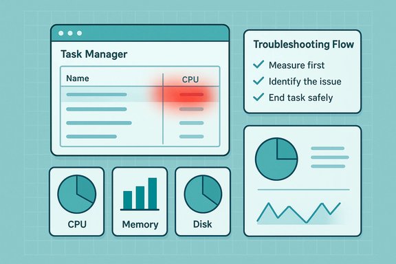 Illustrated task manager dashboard with CPU/memory/disk charts and a Troubleshooting flow.