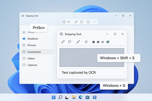 Windows Snipping Tool UI with OCR area and shortcuts like Windows+Shift+S and Windows+G.