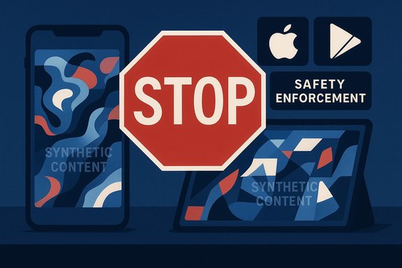 A stop sign sits between devices showing synthetic content and safety enforcement.
