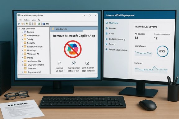 Dual-monitor setup with a policy editor on the left and an Intune MDM dashboard on the right.