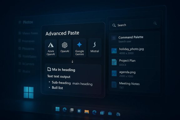 Dark UI mockup featuring an “Advanced Paste” panel with AI logos and a side file list.