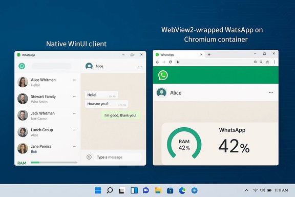 Side-by-side comparison of WhatsApp: native WinUI client (left) vs WebView2/Chromium version (right).