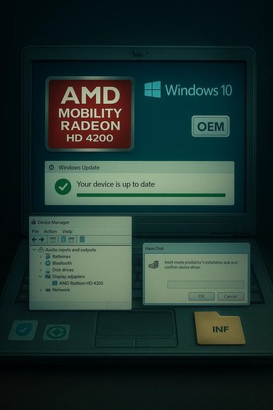 Laptop screen shows AMD Mobility Radeon HD 4200 and Windows 10 branding with update dialogs. Laptop screen shows AMD Mobility Radeon HD 4200 and Windows 10 branding with update dialogs.