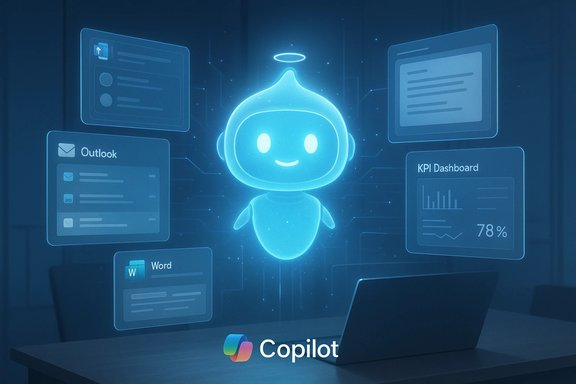 A glowing blue AI chatbot hologram floats above a laptop, surrounded by holographic app panels.