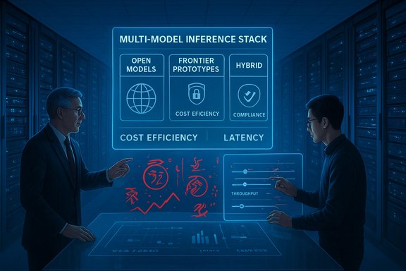 Two professionals discuss a holographic display of a multi-model inference stack in a data center.