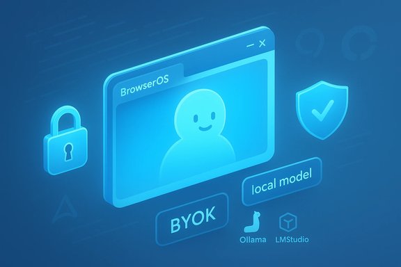 Blue isometric illustration of BrowserOS with BYOK, security icons, and local AI models.