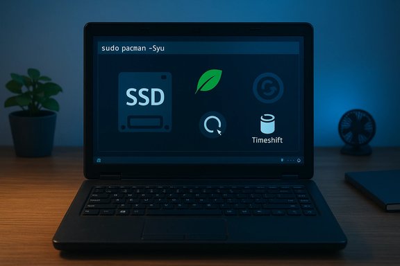 Laptop on a wooden desk shows a Linux desktop with pacman -Syu and system icons.