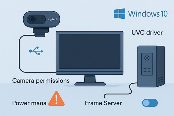 Windows 10 setup showing a Logitech webcam connected via USB with a UVC driver and camera permissions.