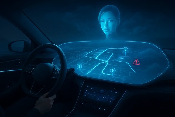Futuristic car cockpit with a blue holographic navigation map and a female virtual assistant. Futuristic car cockpit with a blue holographic navigation map and a female virtual assistant.