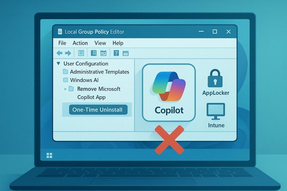 Laptop screen shows a Local Group Policy Editor with Copilot icon and a large red X.