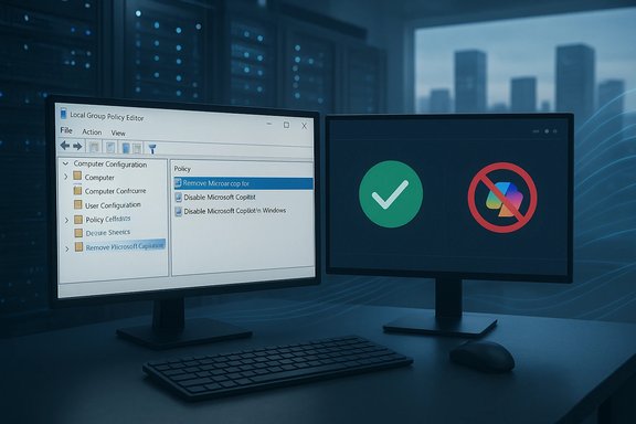 Two computer monitors show a Local Group Policy Editor and a green check with a red ban icon.