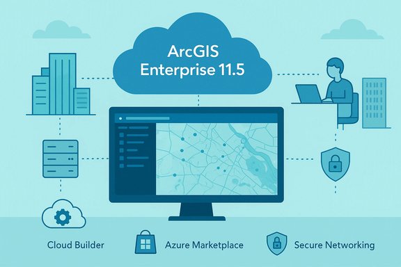 ArcGIS Enterprise 11.5 cloud GIS with Cloud Builder, Azure Marketplace, and secure networking.