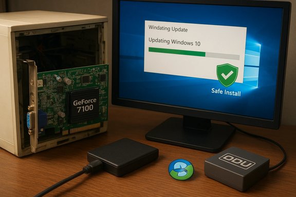 Old PC with GeForce 7100 graphics card, Windows 10 update in progress. Old PC with GeForce 7100 graphics card, Windows 10 update in progress.