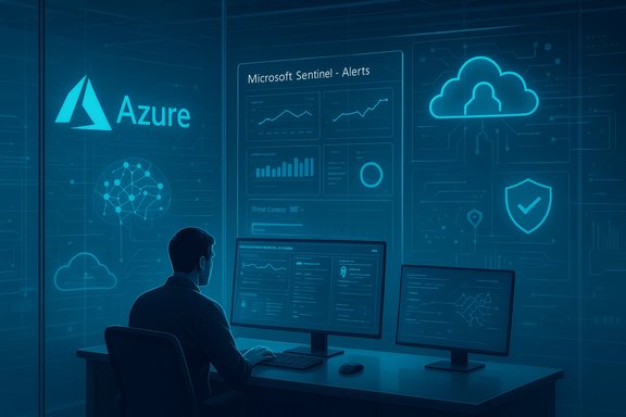 Security analyst monitors Azure cloud dashboards on dual screens in a high-tech control room.