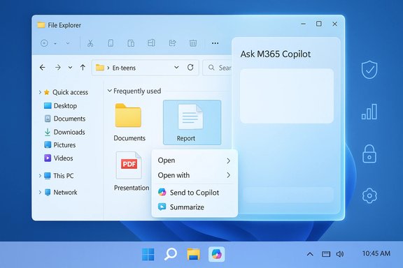 Windows 11 File Explorer with an Ask M365 Copilot panel on a blue desktop.