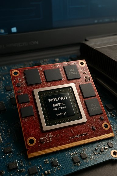Close-up of a FirePro M5950 GPU on a red circuit board.