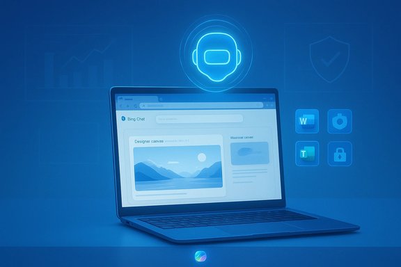 Blue-tinted laptop displays Bing Chat UI with a glowing AI chatbot icon above. Blue-tinted laptop displays Bing Chat UI with a glowing AI chatbot icon above.