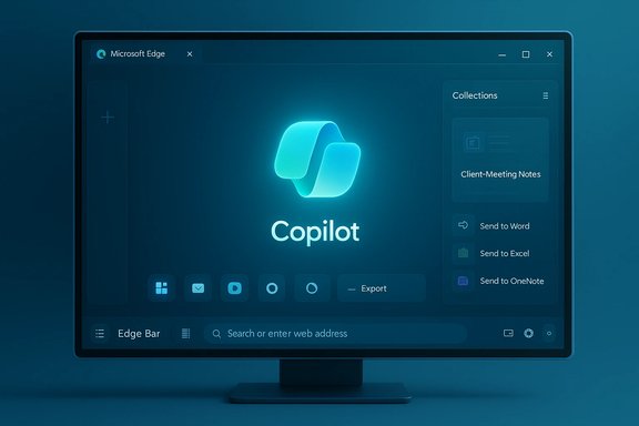A dark blue Microsoft Edge interface with a glowing Copilot logo on the screen.