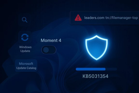 A dark blue futuristic UI shows Windows Update with a glowing shield and a progress bar, KB5031354.