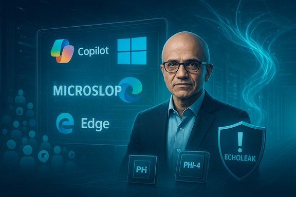 A suited man with glasses stands before a backdrop with Copilot, Windows, Microslop, Edge logos and an Echoleak shield.