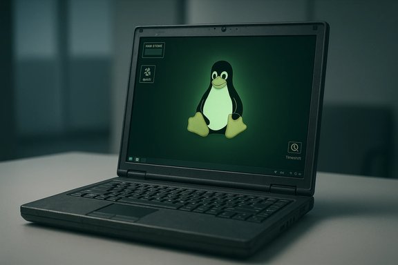 A laptop on a desk displays the Linux Tux penguin wallpaper.