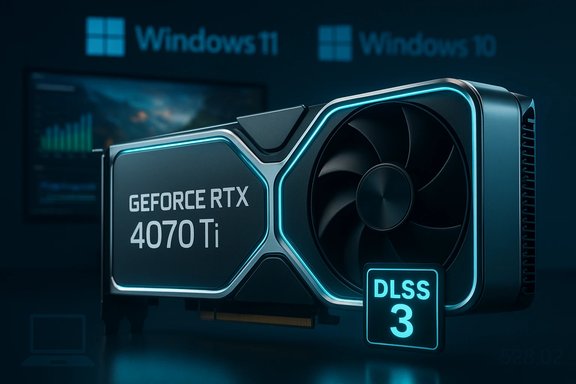 GeForce RTX 4070 Ti graphics card with DLSS 3 and glowing blue accents.