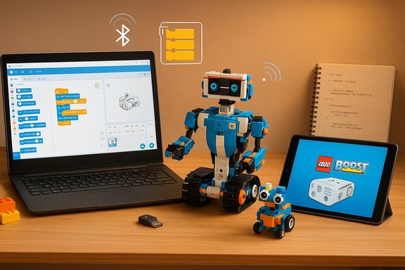 LEGO Boost robotics desk setup with a blue tracked robot between a laptop displaying block-based coding and a tablet.