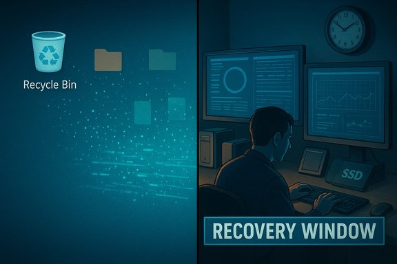 Split-screen: Recycle Bin icon on the left, and a technician at a 'Recovery Window' workstation on the right.