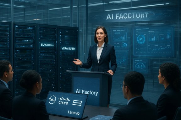 A professional woman presents at the AI Factory briefing beside banked server racks.