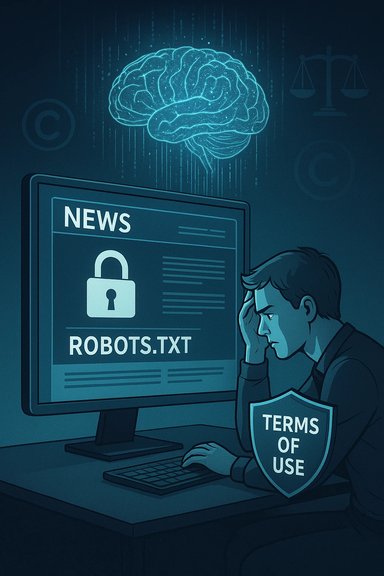 Person at computer guards a screen showing NEWS and ROBOTS.TXT with a TERMS OF USE shield, a glowing brain above.