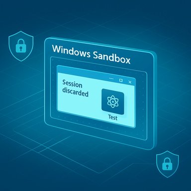 Blue illustration of Windows Sandbox UI showing a 'Session discarded' message and security shields.