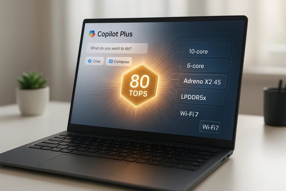 Laptop screen shows Copilot Plus with an 80 TOPS chip and specs like 10-core, Adreno X2 45, and Wi-Fi 7.