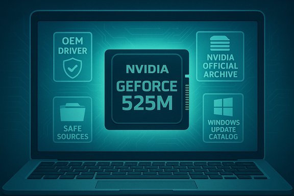 Laptop screen displaying NVIDIA GeForce 525M GPU with related software icons.