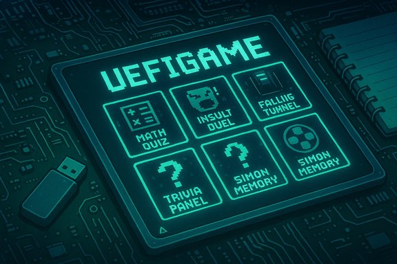 Glowing retro-futuristic game console screen showing mini-games like Math Quiz, Insult Duel, and Simon Memory. Glowing retro-futuristic game console screen showing mini-games like Math Quiz, Insult Duel, and Simon Memory.