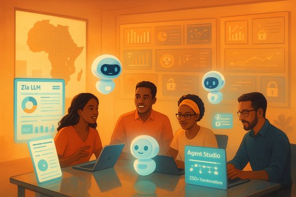 Diverse team collaborates around a table with friendly blue AI chatbot robots.