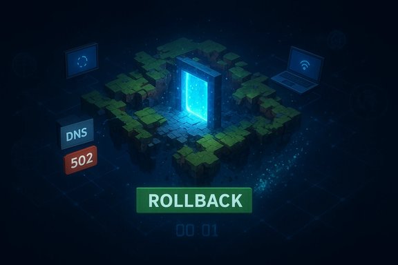 A glowing portal on a voxel island signals a rollback, with DNS and 502 blocks nearby.