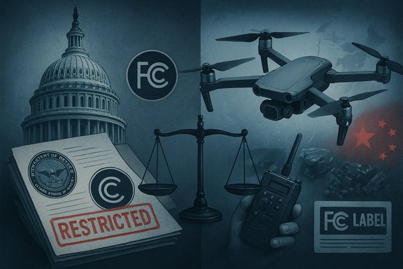 A drone amid regulatory icons and “RESTRICTED” papers near the Capitol and scales of justice.