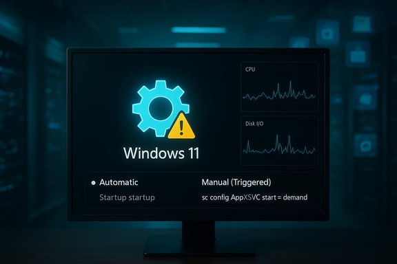 Windows 11 system diagnostic screen on a monitor, displaying a gear icon, warning badge, and performance graphs.