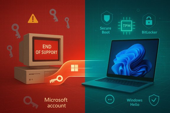 Left: an old PC at end of support; right: a Windows laptop with TPM, Secure Boot, and Windows Hello.