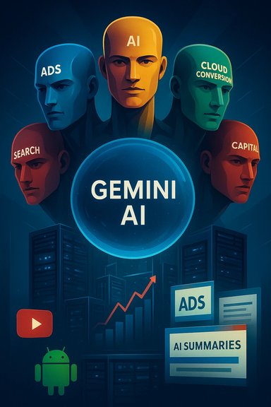 Gemini AI depicted as five labeled personas—AI, ADS, Cloud, Search, Capital—over data servers.