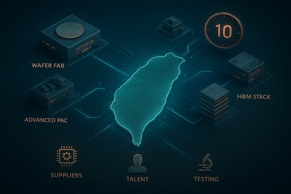 Infographic map of Taiwan's semiconductor ecosystem: fabs, suppliers, talent, and testing.