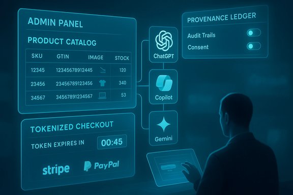 A futuristic blue holographic dashboard showing an admin panel, product catalog, and tokenized checkout with AI tools. A futuristic blue holographic dashboard showing an admin panel, product catalog, and tokenized checkout with AI tools.