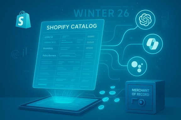 Neon blue illustration of a Shopify catalog on a tablet, connected to app icons and a merchant-of-record safe.