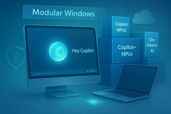 Blue, futuristic scene showing Modular Windows with Copilot NPUs and On-Device AI.