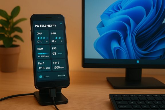 Phone on a desk displays PC telemetry metrics (CPU, GPU, RAM, FPS) beside a monitor.