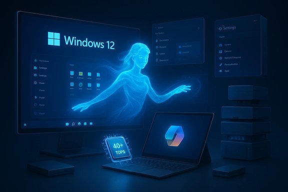 Blue holographic Windows 12 setup with a glowing figure beside a laptop and stacked hardware.
