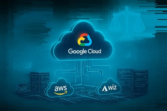 A glowing Google Cloud logo floats over a data center, linked to AWS and Wiz clouds.